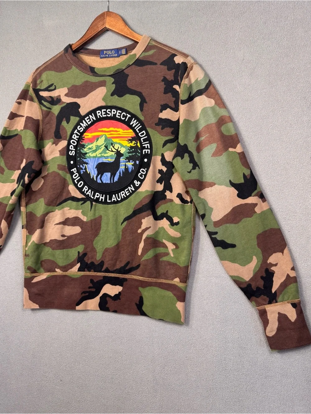 Polo Ralph Lauren Wildlife Sportsmen Cookie Patch Camo Crewneck Sweatshirt, S